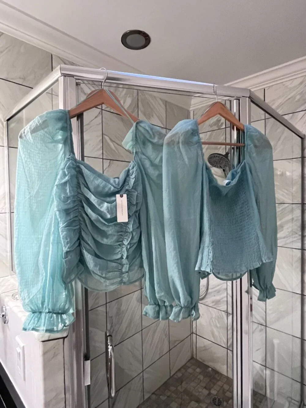 Anthropologie ASTR NWT Aqua Blue Sheer Ruched Blouse - Two Sizes Available